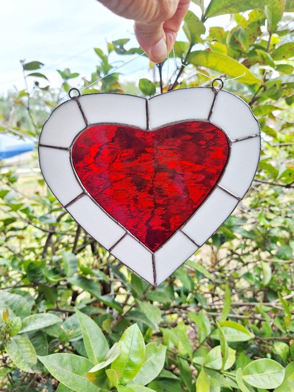 Suncatcher Stained Glass Heart  Studio Crafted Wall Window Hanging White Red